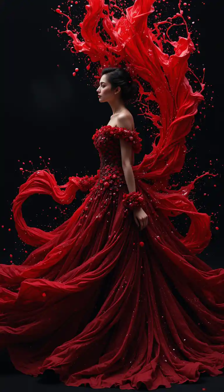 Mujer con un fluido vestido de alta costura rojo sobre fondo negro