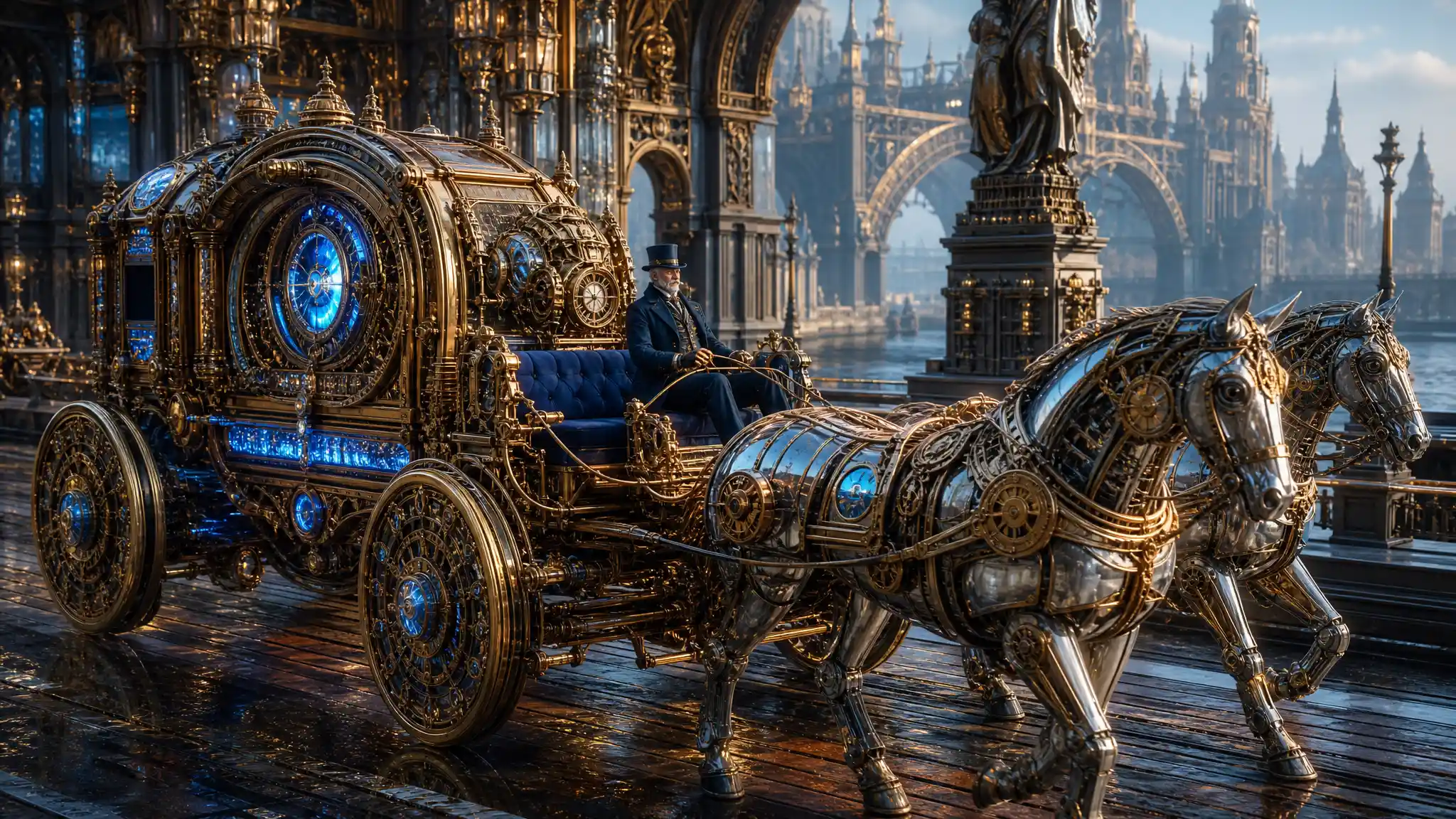 Futuristic clockwork carriage with mechanical horses by the river