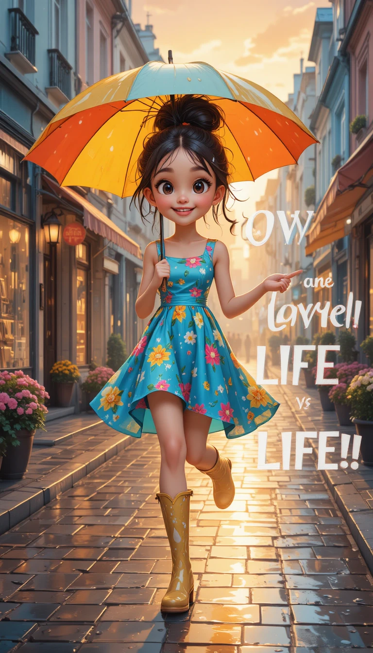 Joyful girl with umbrella on rainy city street