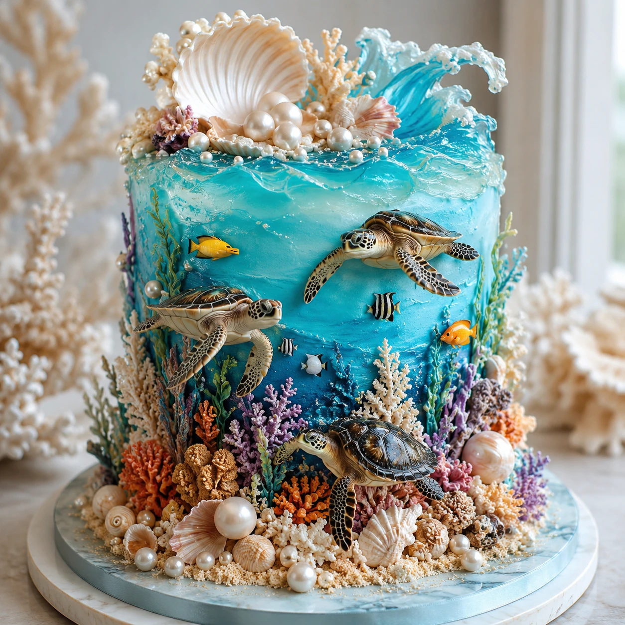 Tarta de temática oceánica con tortugas, corales y conchas marinas