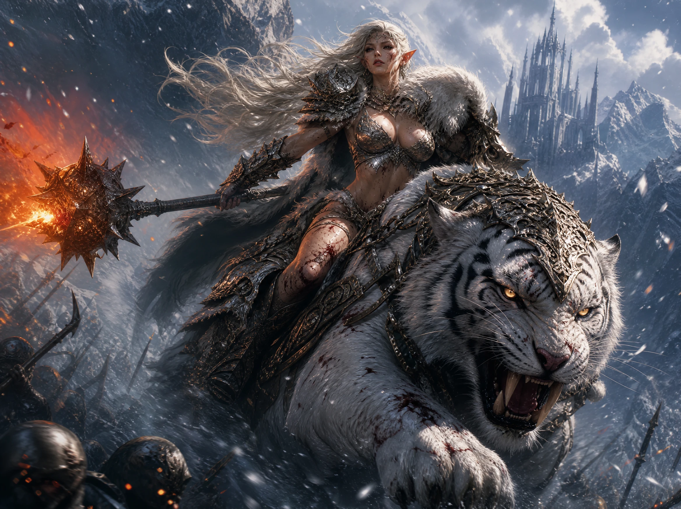 Guerrera elfa montando un tigre blanco a través de un campo de batalla nevado