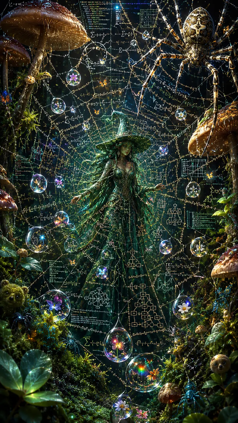 巨型蜘蛛在高聳蘑菇間編織發光蛛網