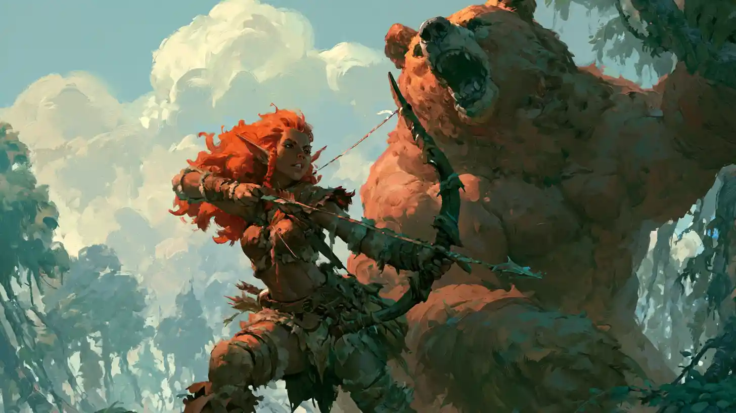 Elf archer girl with roaring bear in mystical forest