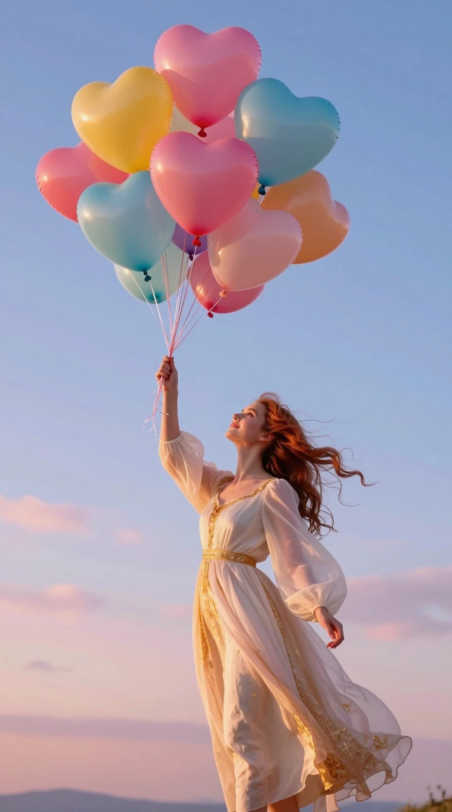 Mujer fantástica con globos de corazón frente a un cielo resplandeciente