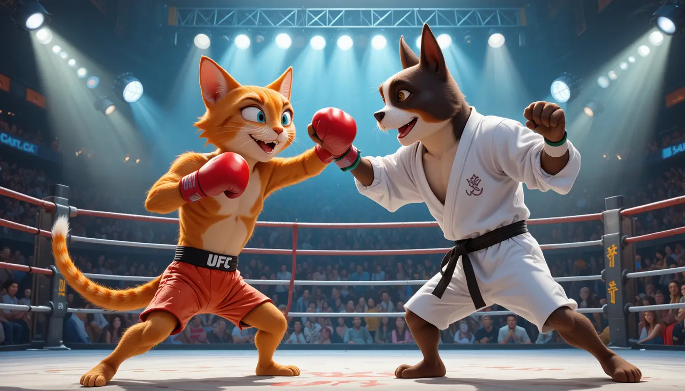 Chat Boxeur et Chien Karatéka dans une Arène UFC Colorée