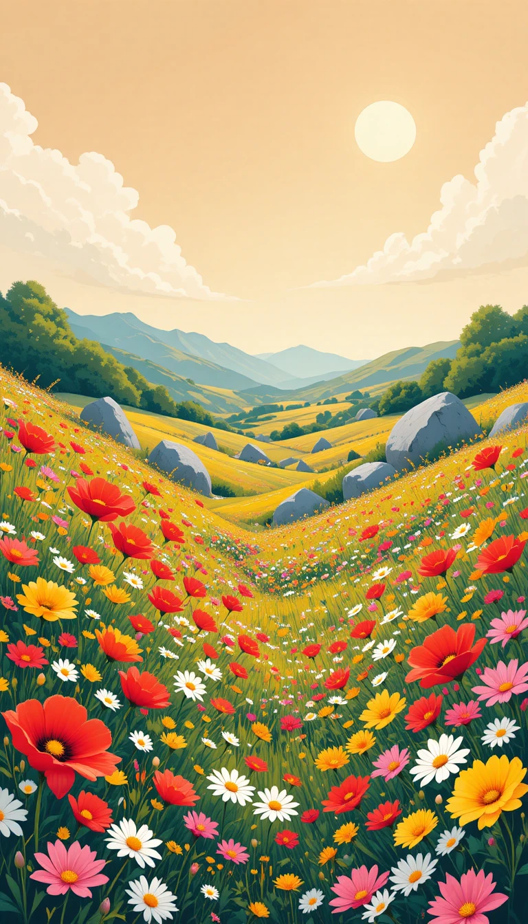 Prado alegre de flores silvestres com colinas distantes ao sol