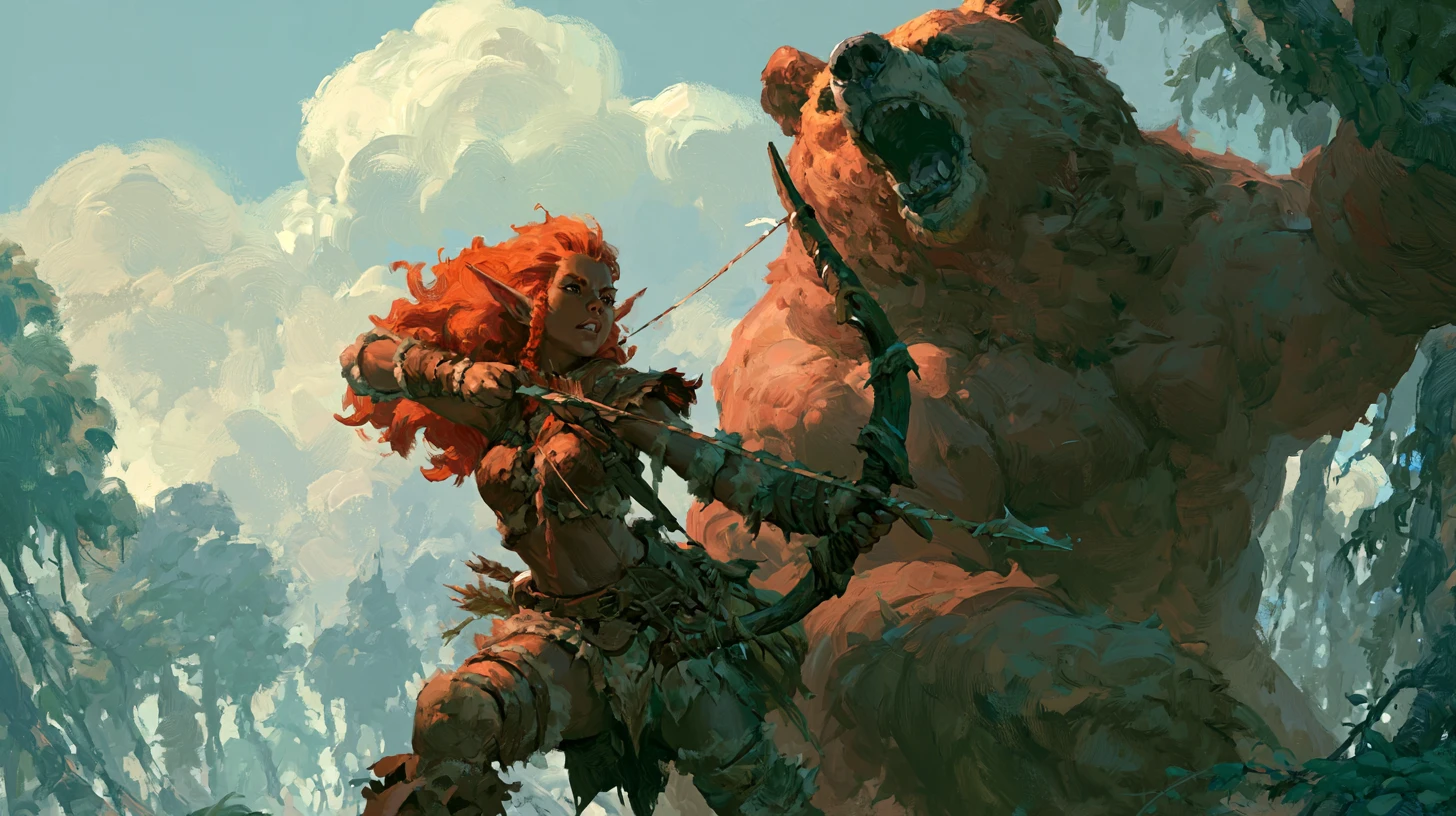 Elf archer girl with roaring bear in mystical forest