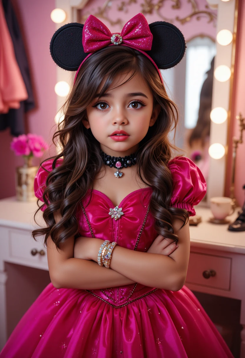 Niño hispano con disfraz de princesa Minnie junto al tocador