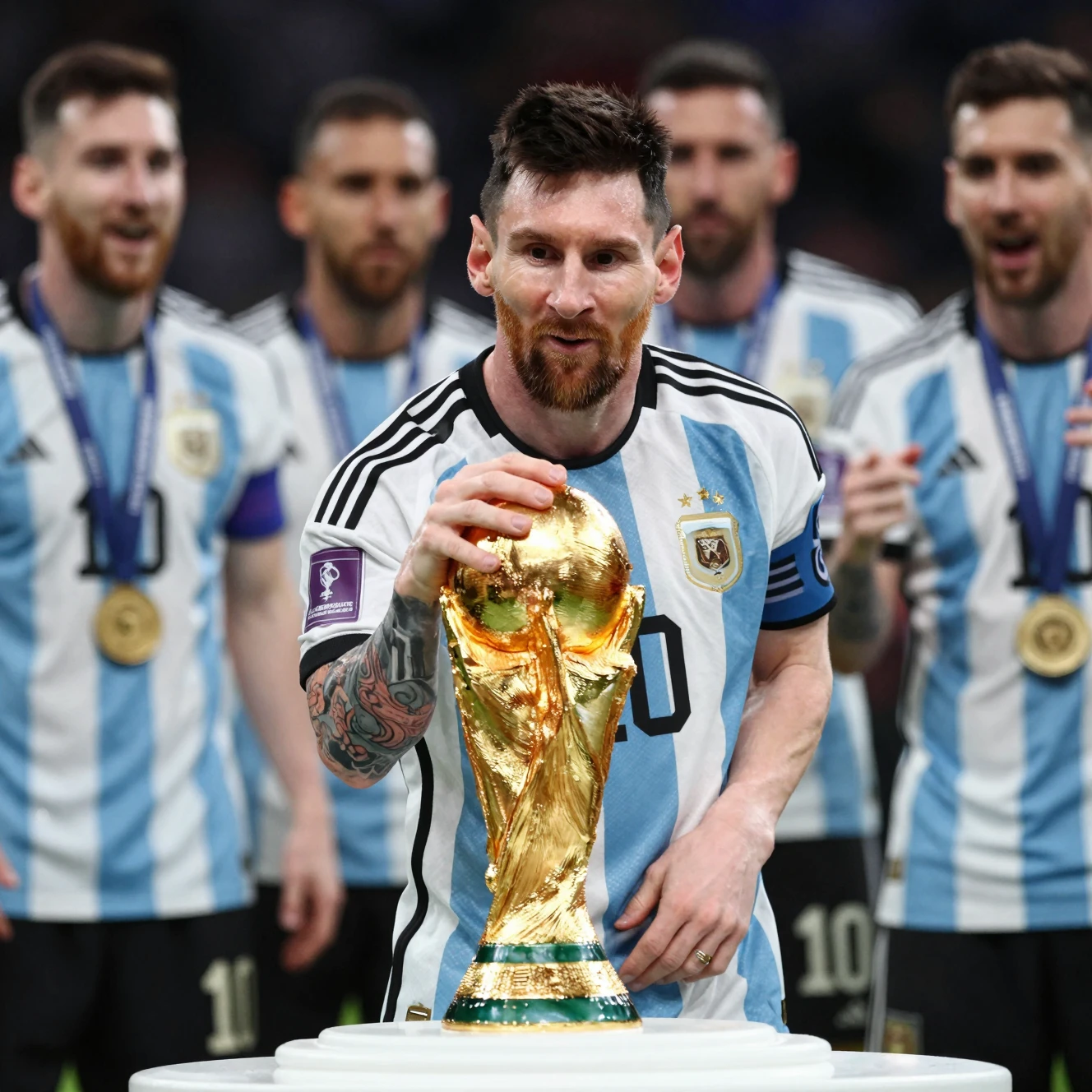 Soccer champion lifting world cup trophy with cheering teammates