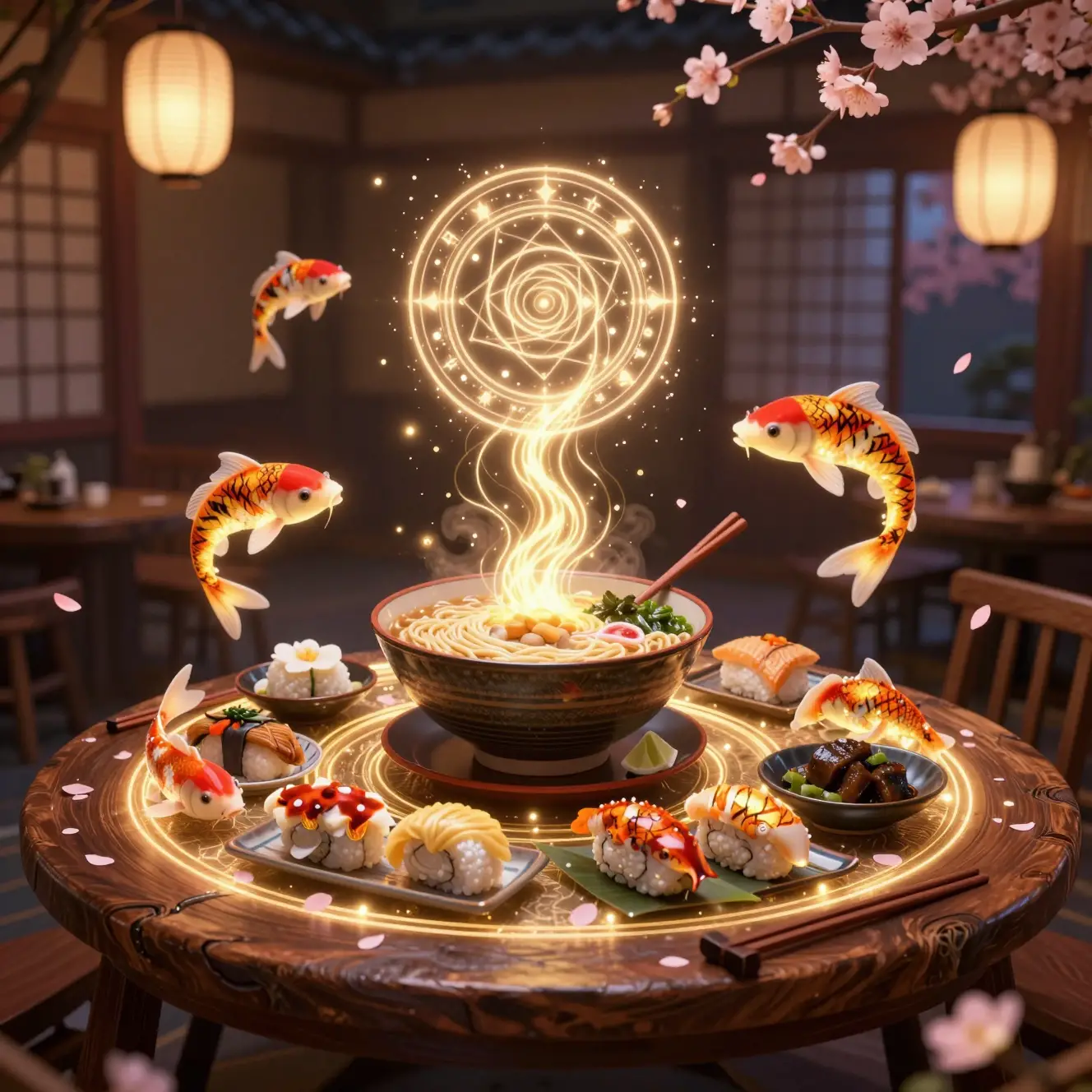 Enchanted Japanese feast with glowing ramen and sushi