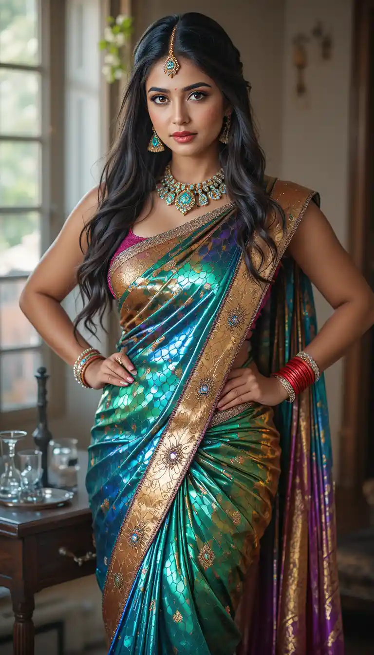 Tamil woman in glossy mirror saree bending in full pose