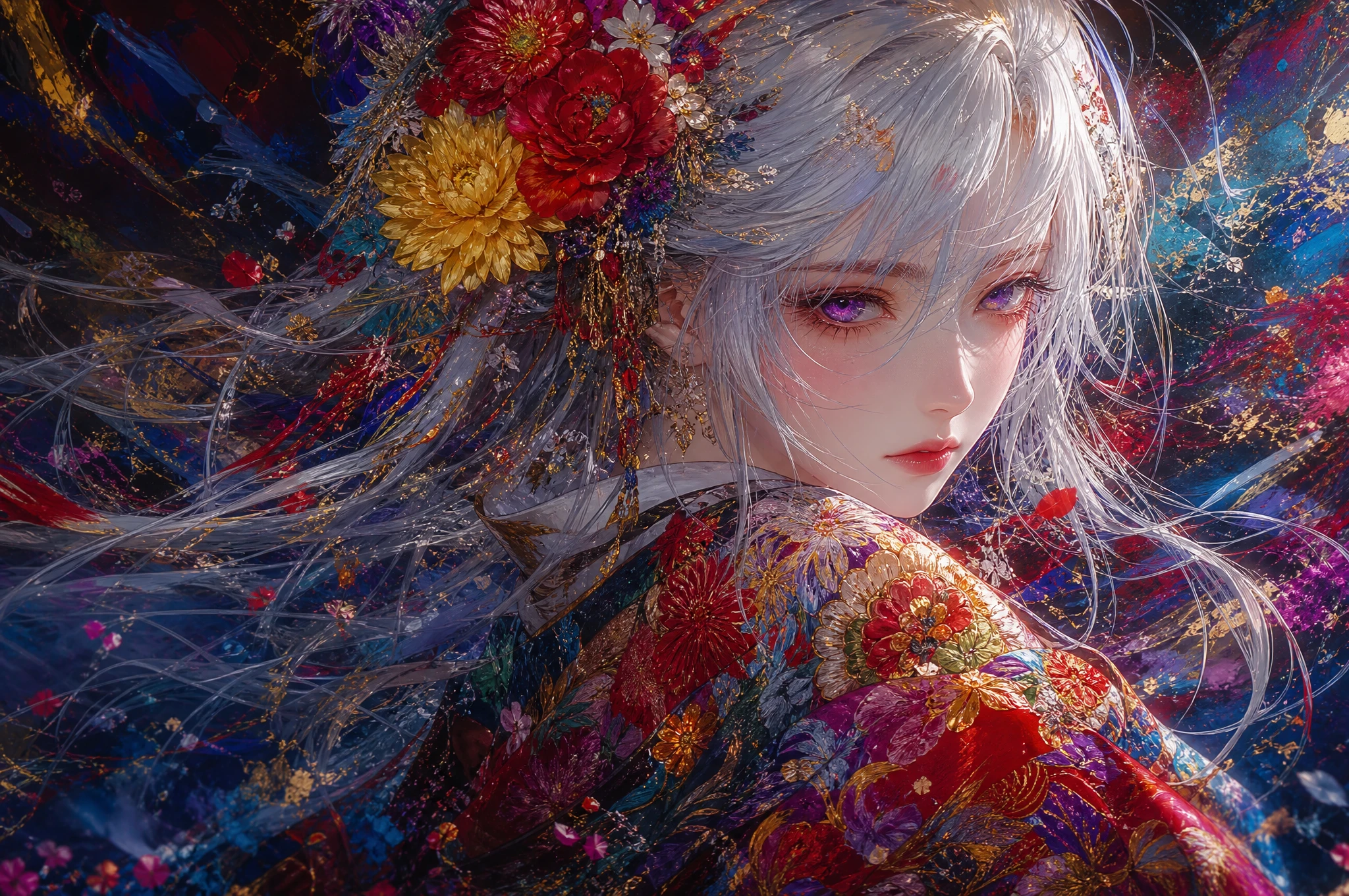 Retrato de mujer anime con cabello plateado y kimono floral