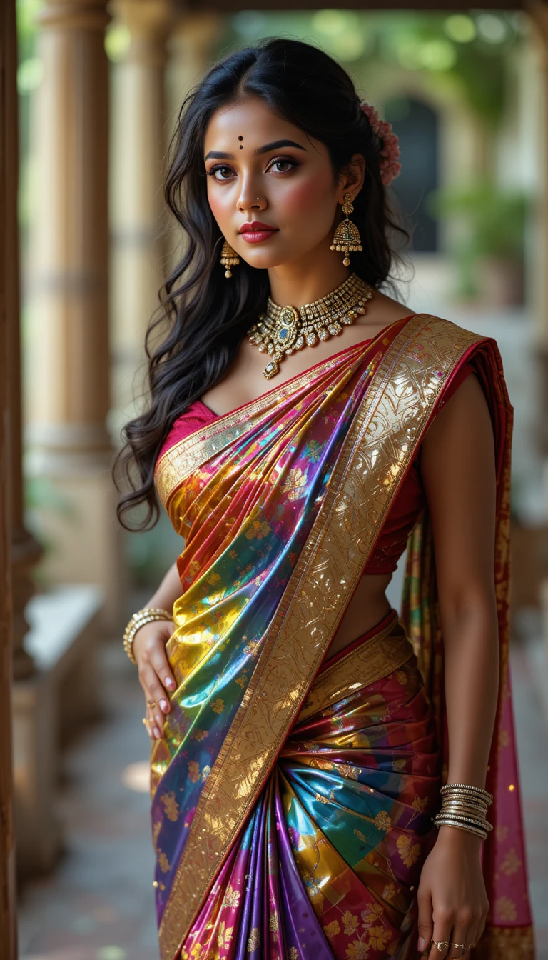 Mujer tamil con sari espejo brillante inclinada en pose completa