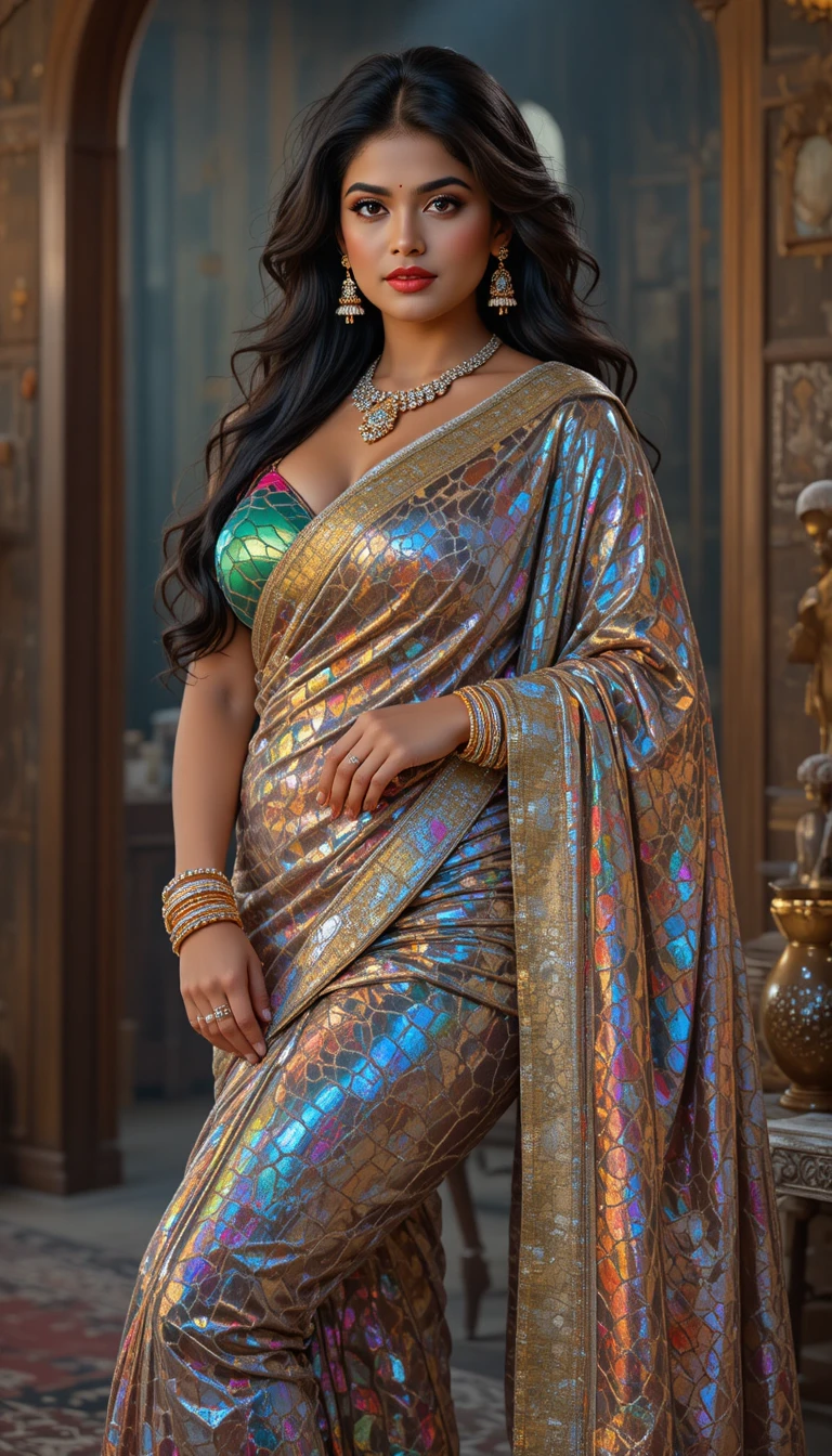 Mujer india con sari reflectante inclinada por la cintura