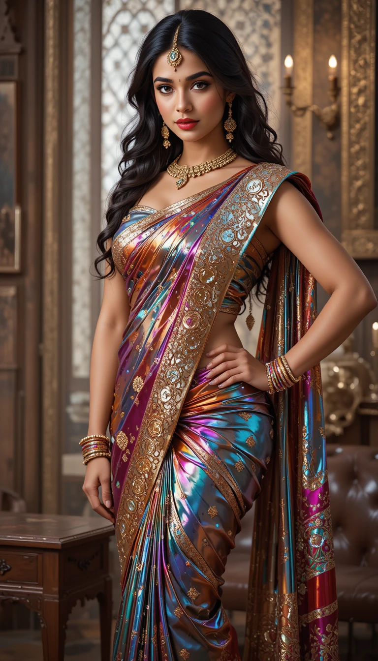 Mujer tamil con sari espejo brillante inclinada en pose completa