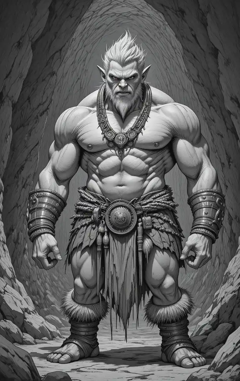 筋骨隆々とした銀髪のトロール戦士がたたずむ薄暗い洞窟