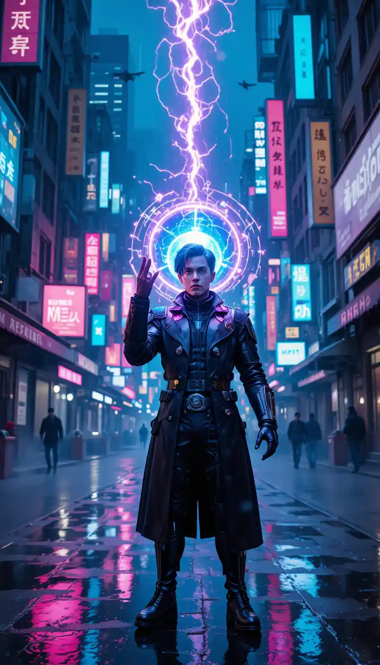 Guerrero cyberpunk invocando plasma brillante en un callejón neón
