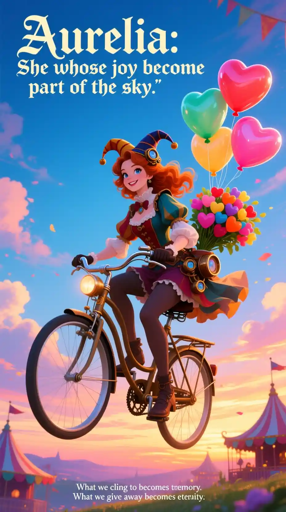 Chica bufona fantasiosa montando una bicicleta de rueda alta al atardecer