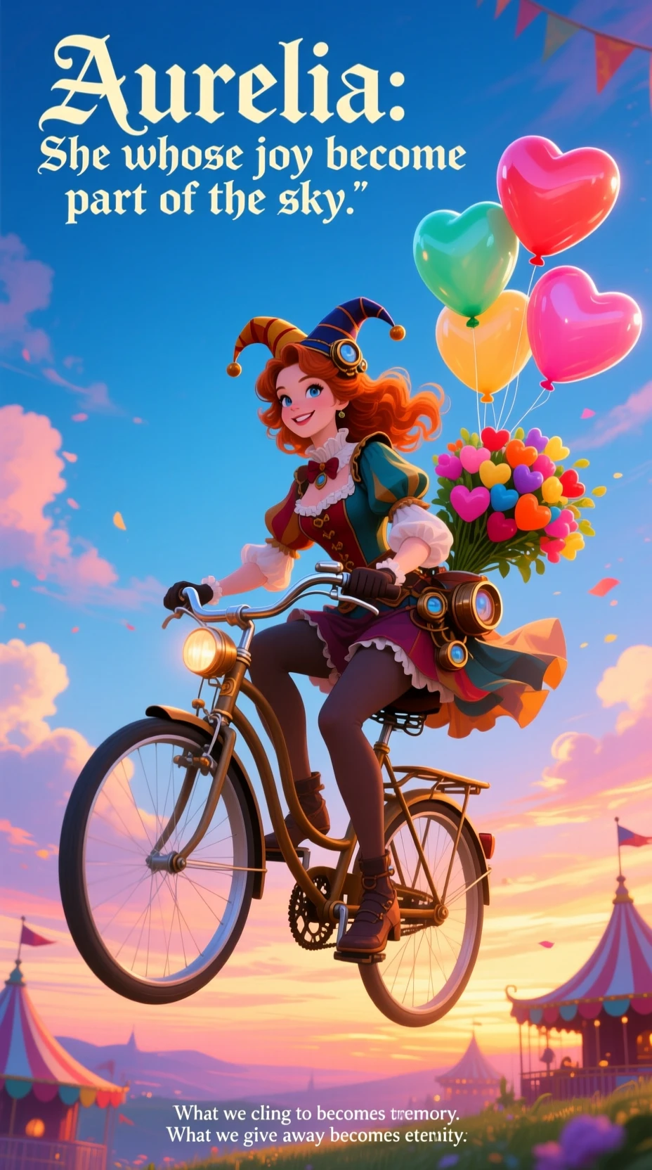 Chica bufona fantasiosa montando una bicicleta de rueda alta al atardecer