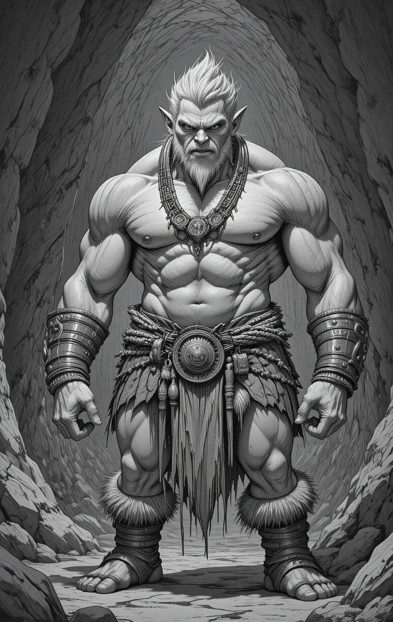 Muscular silver haired troll warrior in a shadowy cave