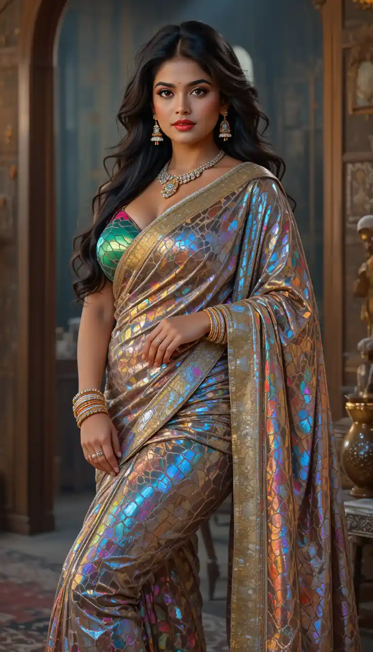 Indische Frau in reflektierendem Sari, die sich nach vorn beugt