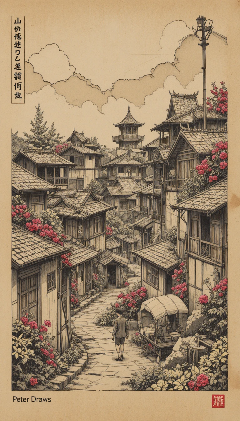 Ilustración a tinta de un pueblo vietnamita con buganvillas en terrazas