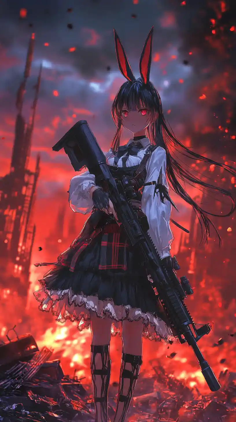 Anime girl aiming a rifle in a burning war zone
