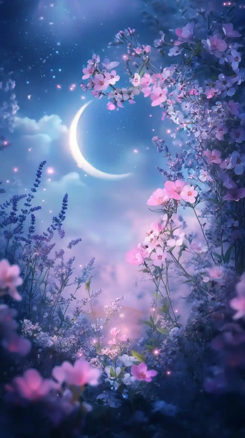 Fantasy moonlit garden with glowing pastel flowers