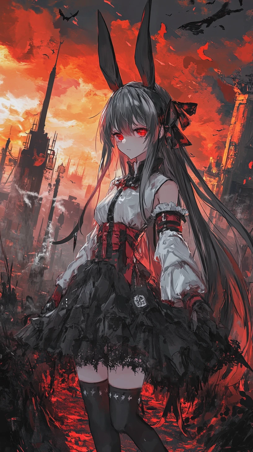 Anime girl with long rabbit ears in lace blouse and skirt