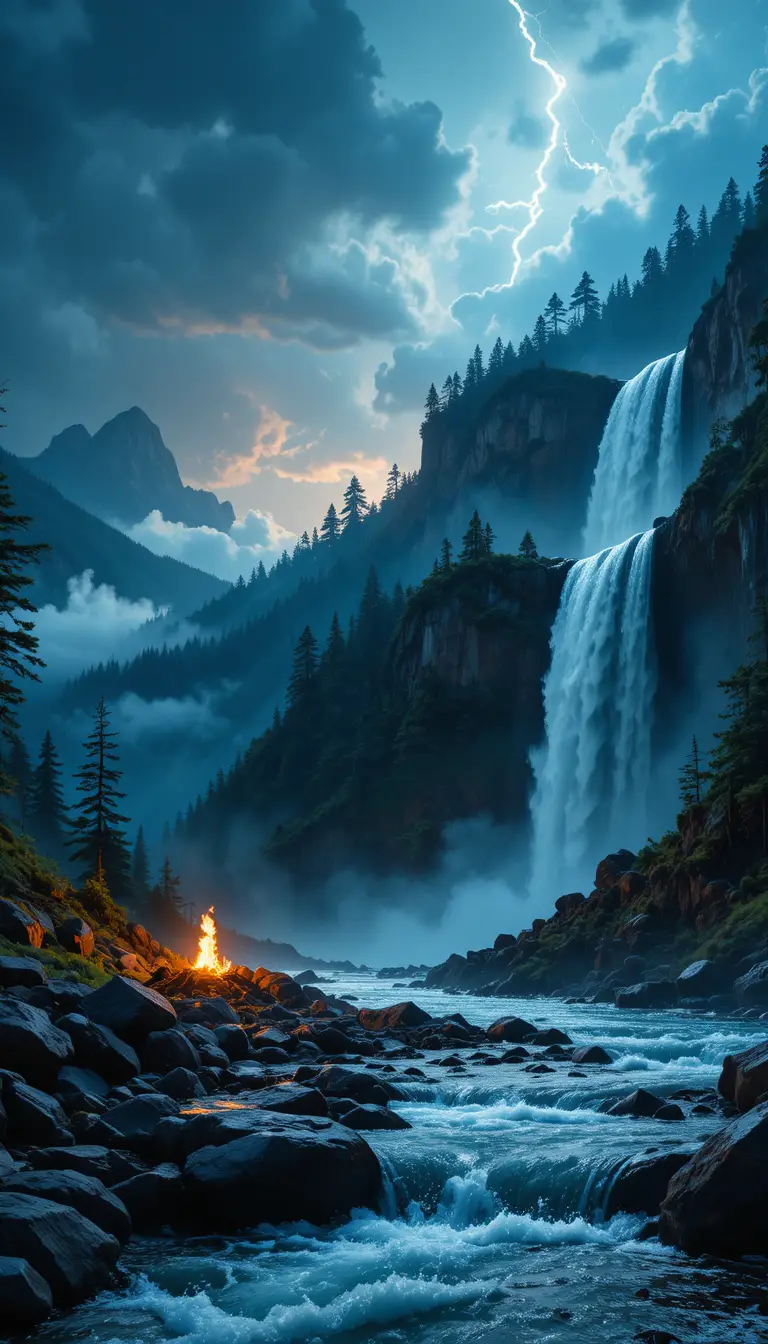 Épica Cascada de Montaña Iluminada por Rayos y Luz de Luna
