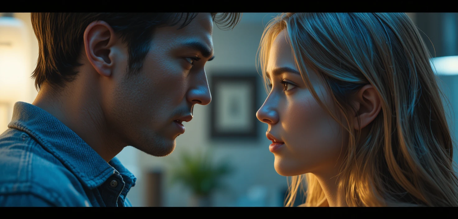 Primer plano cinematográfico de una pareja discutiendo en una casa moderna