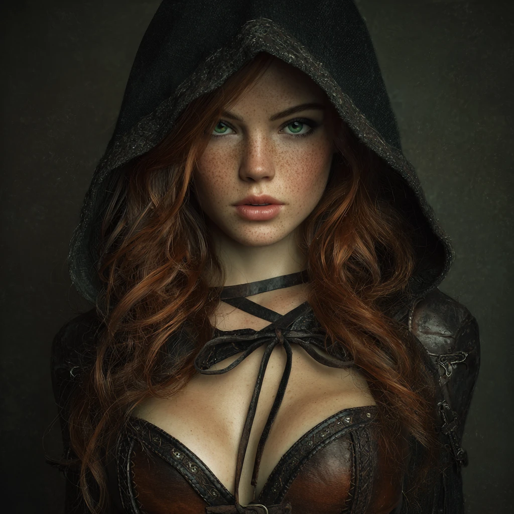 Barda de fantasía oscura con cabello castaño rojizo y ojos verdes
