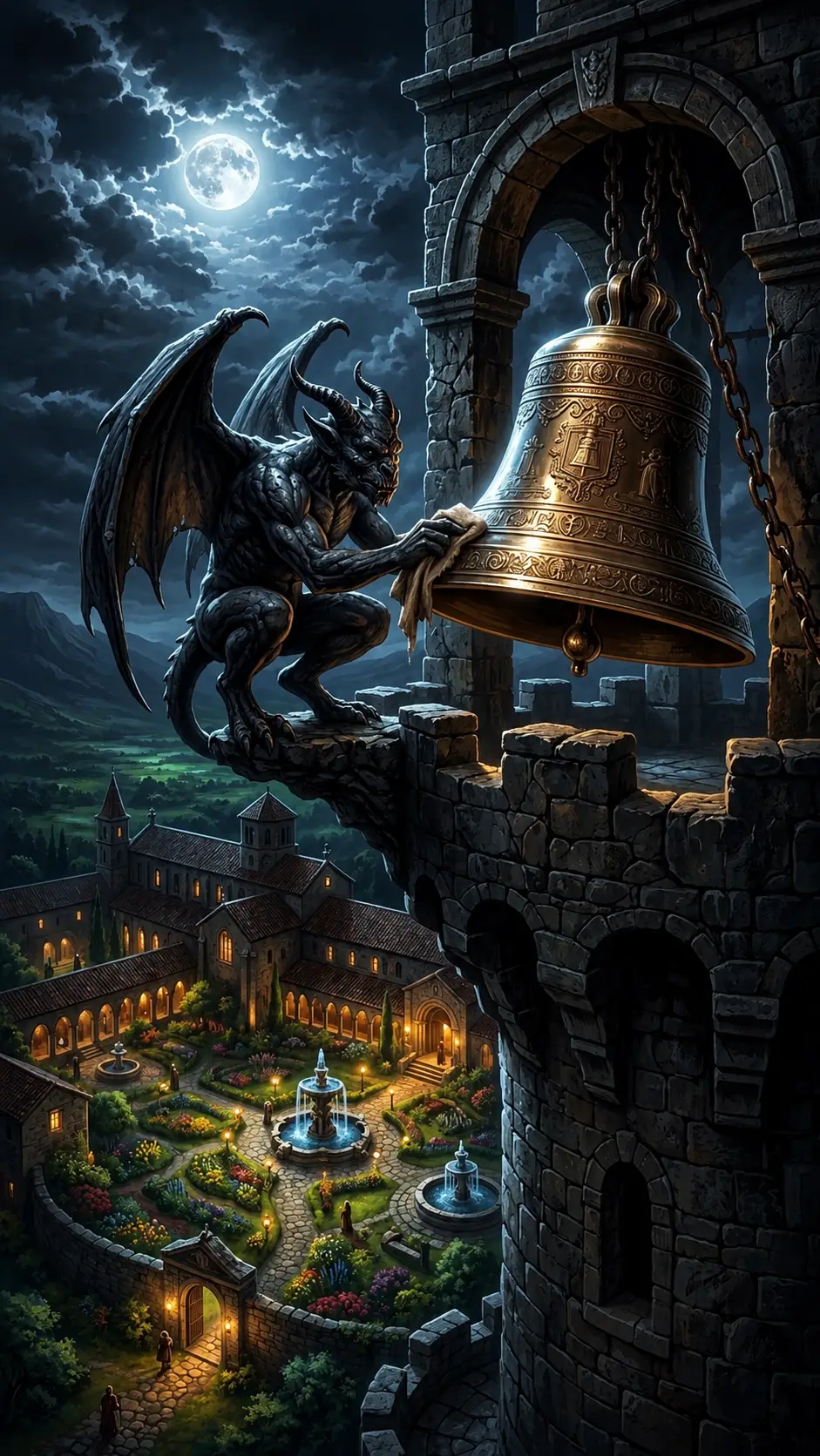 Ancient gargoyle with bronze bell above moonlit monastery
