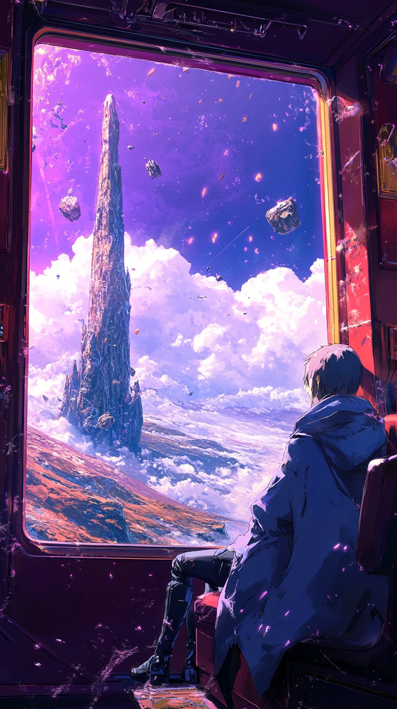 Twisted steel tower before a purple stormy fantasy landscape