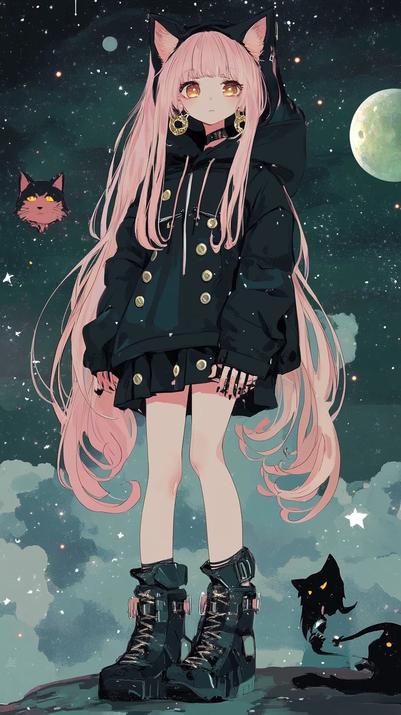 Chica de anime con cabello rosa en escena espacial detallada