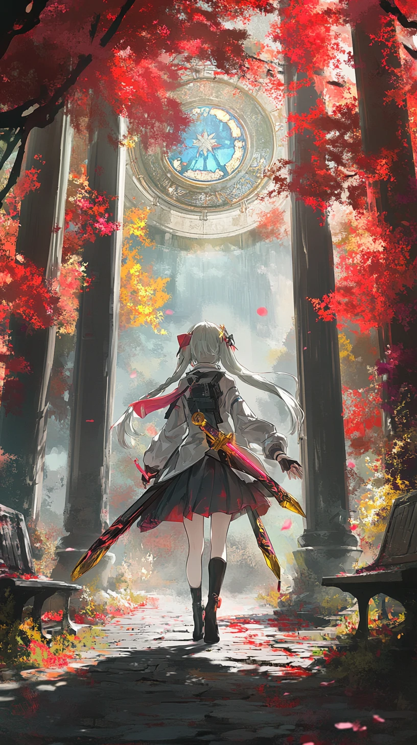 廃墟の大広間で光る剣を構えるアニメ少女