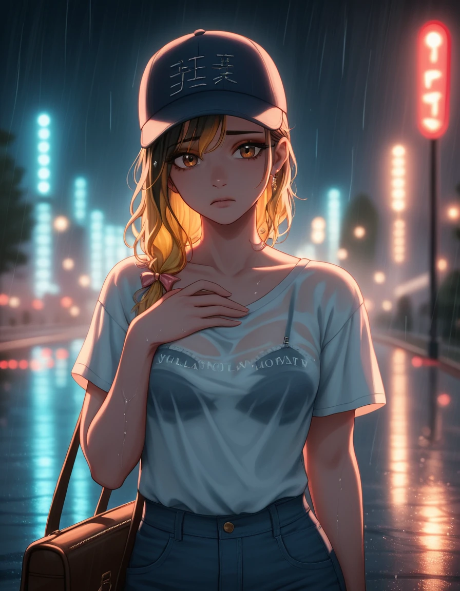 Chica gyaru corriendo de la lluvia en un parque urbano luminoso