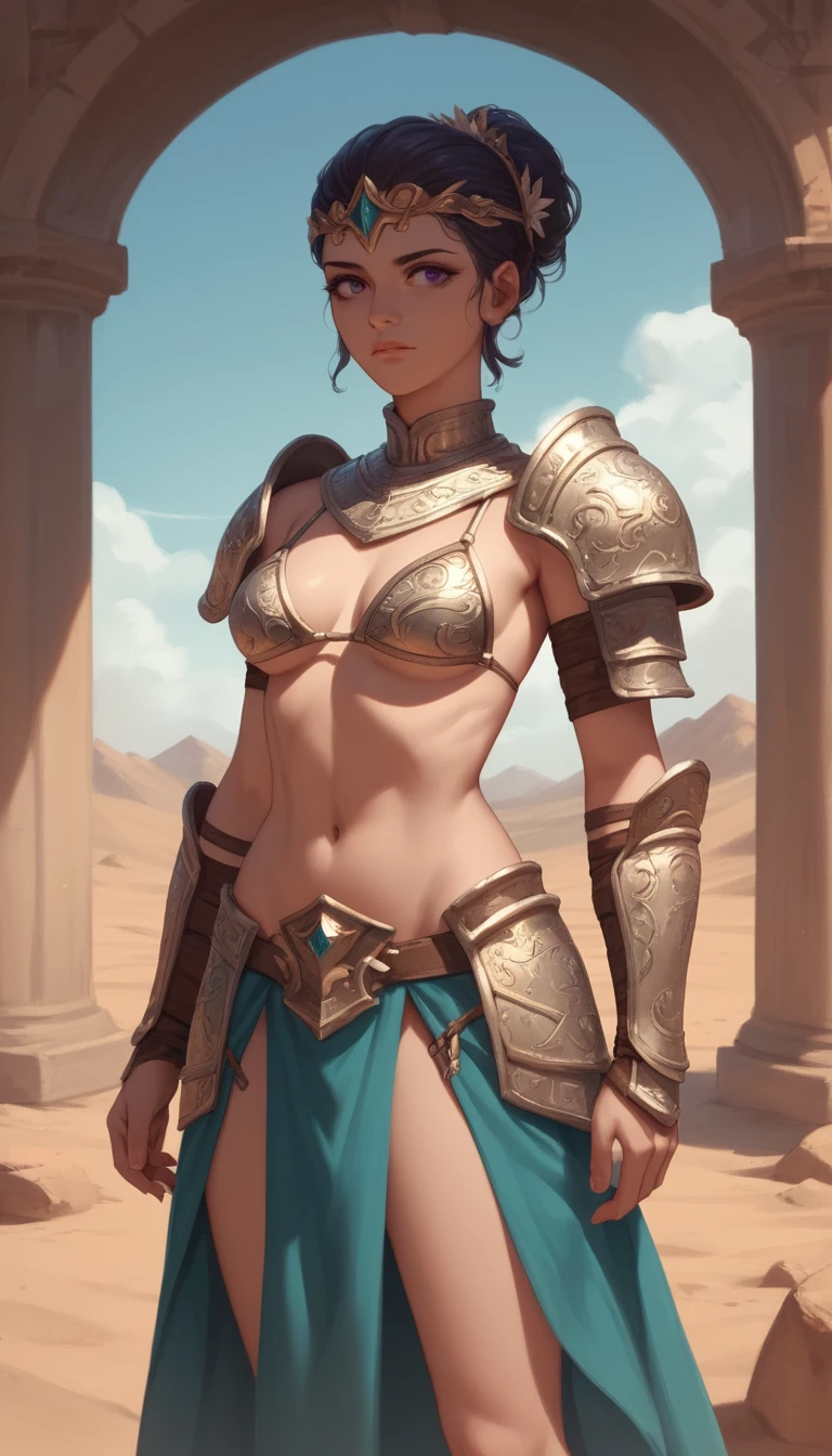 Princesa guerrera de anime junto a un tranquilo oasis del desierto al anochecer