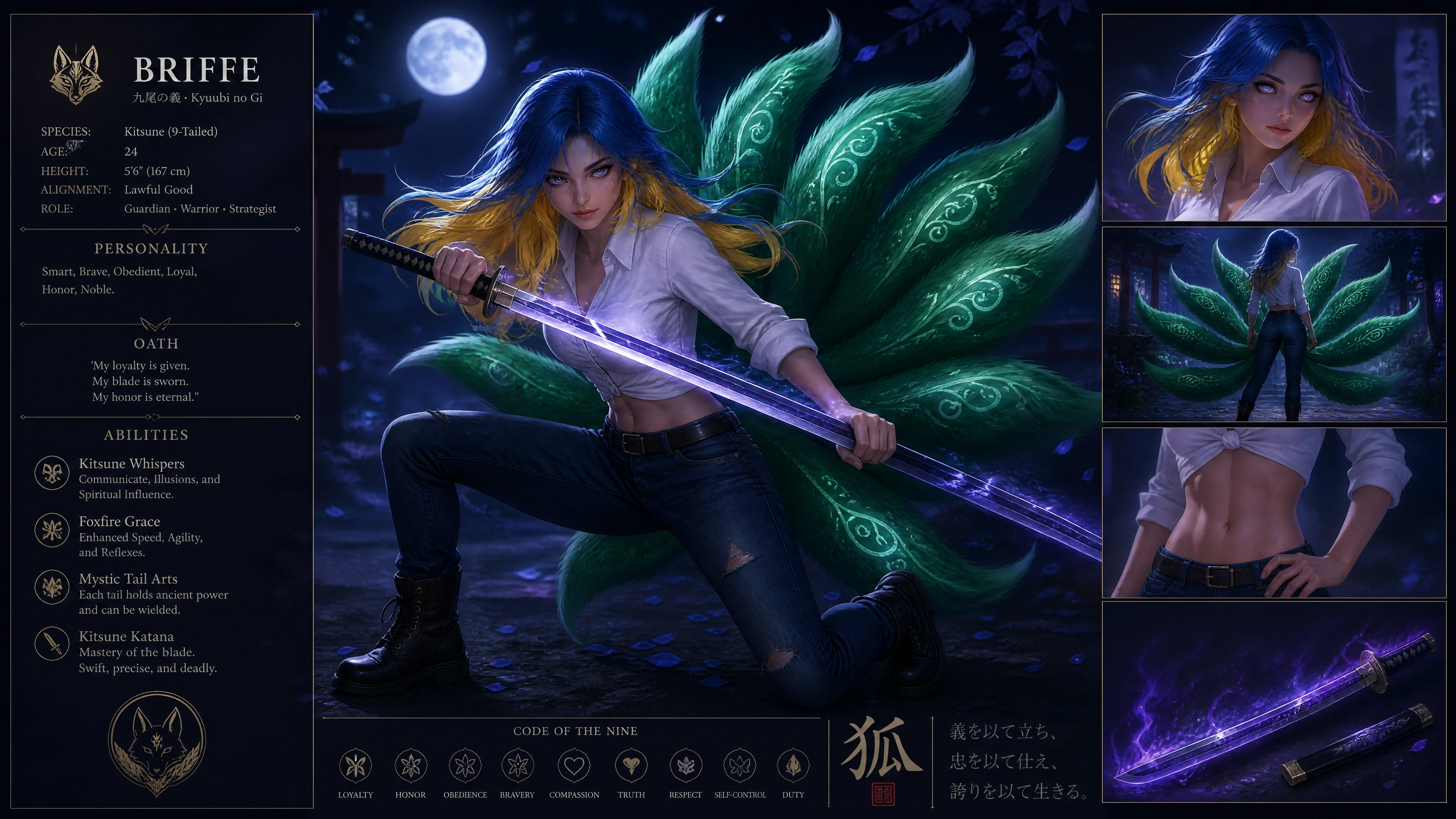 Guerrera kitsune de anime con nueve colas verdes