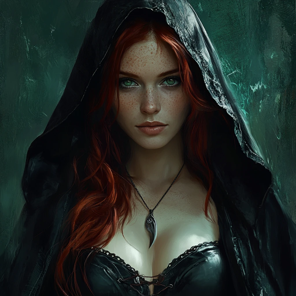 Auburn haired fantasy bard woman with a mysterious gaze