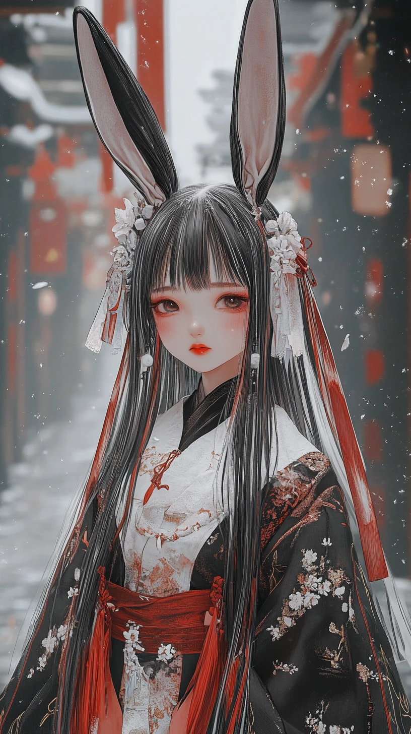 Chica anime con largas orejas de conejo y atuendo ornamentado