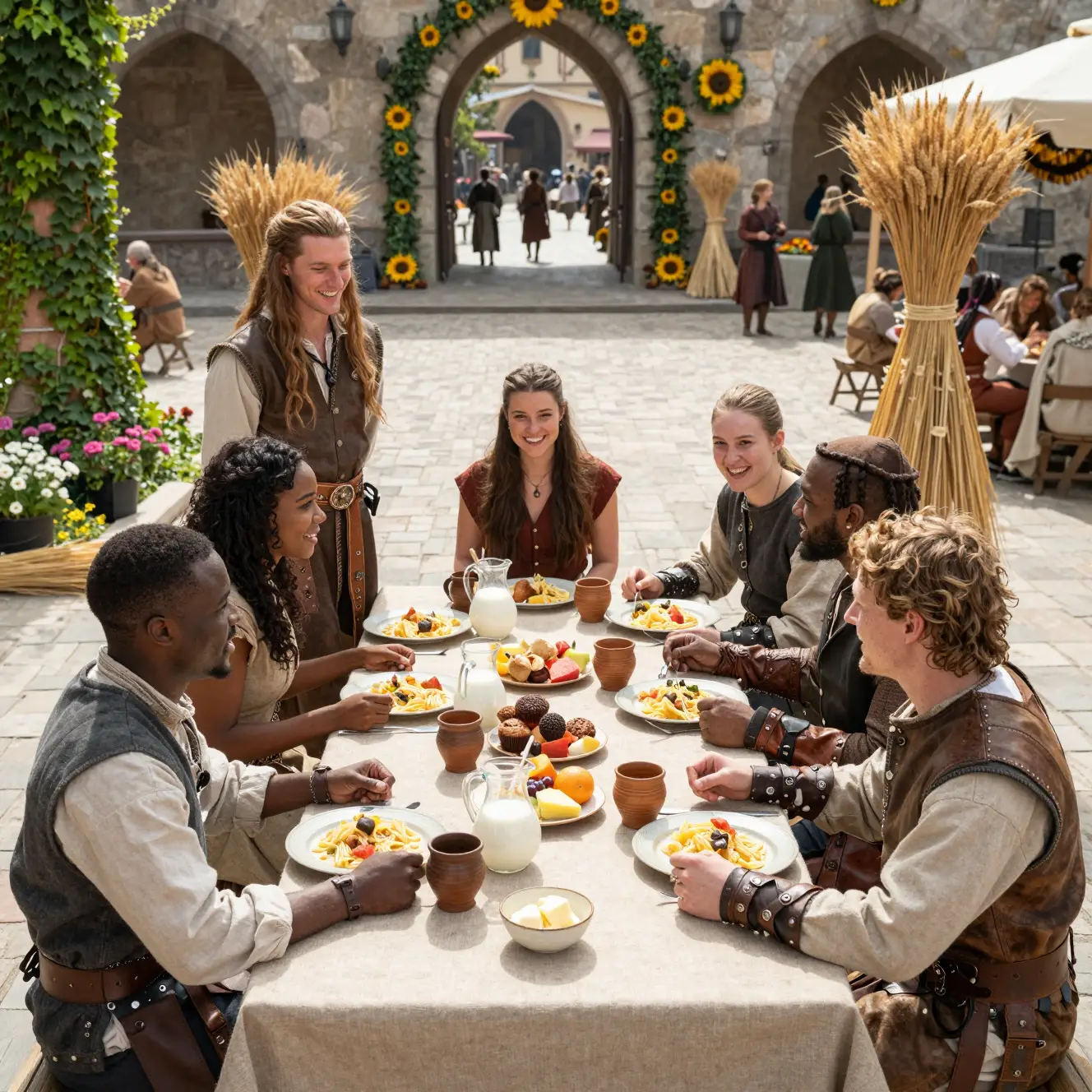 Friends feasting at a sunny fantasy courtyard table