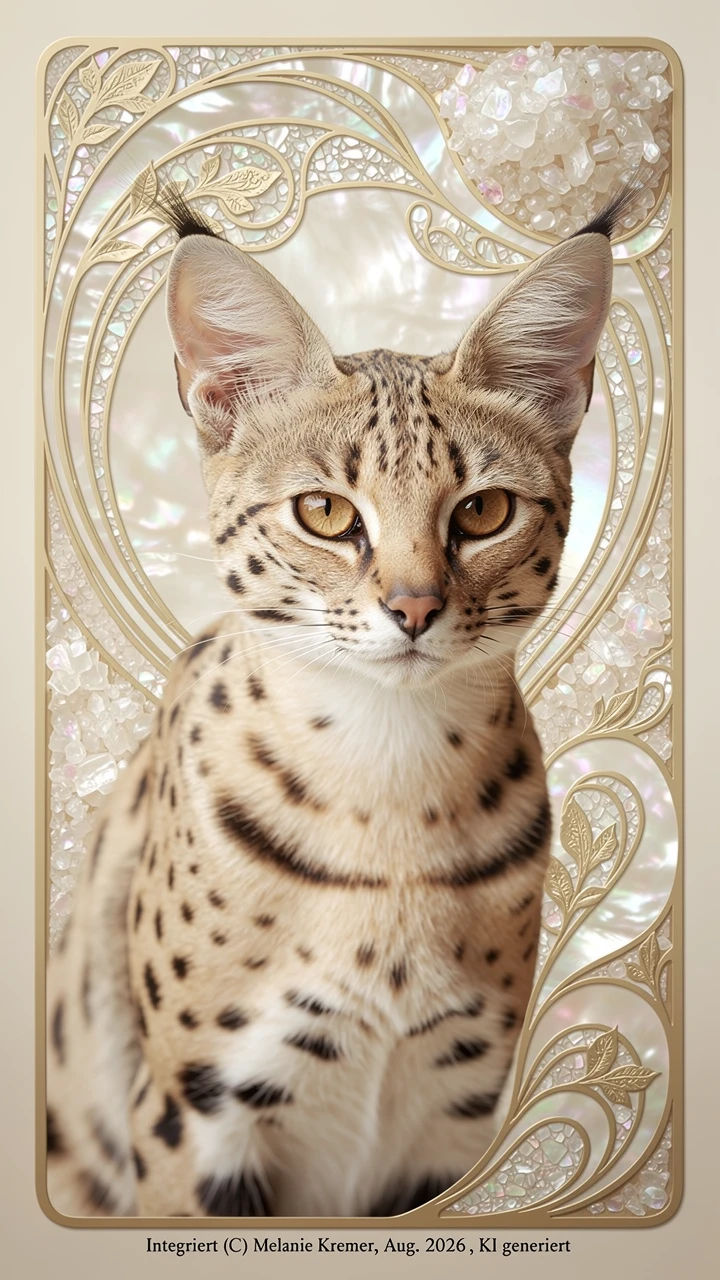 Majestuoso retrato de serval con fondo nacarado ornamentado