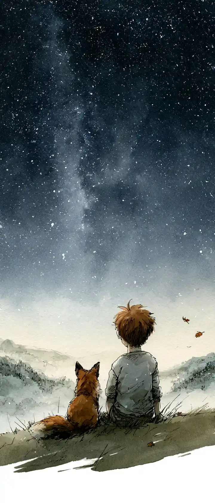 満天の星空の下にいる少年と狐