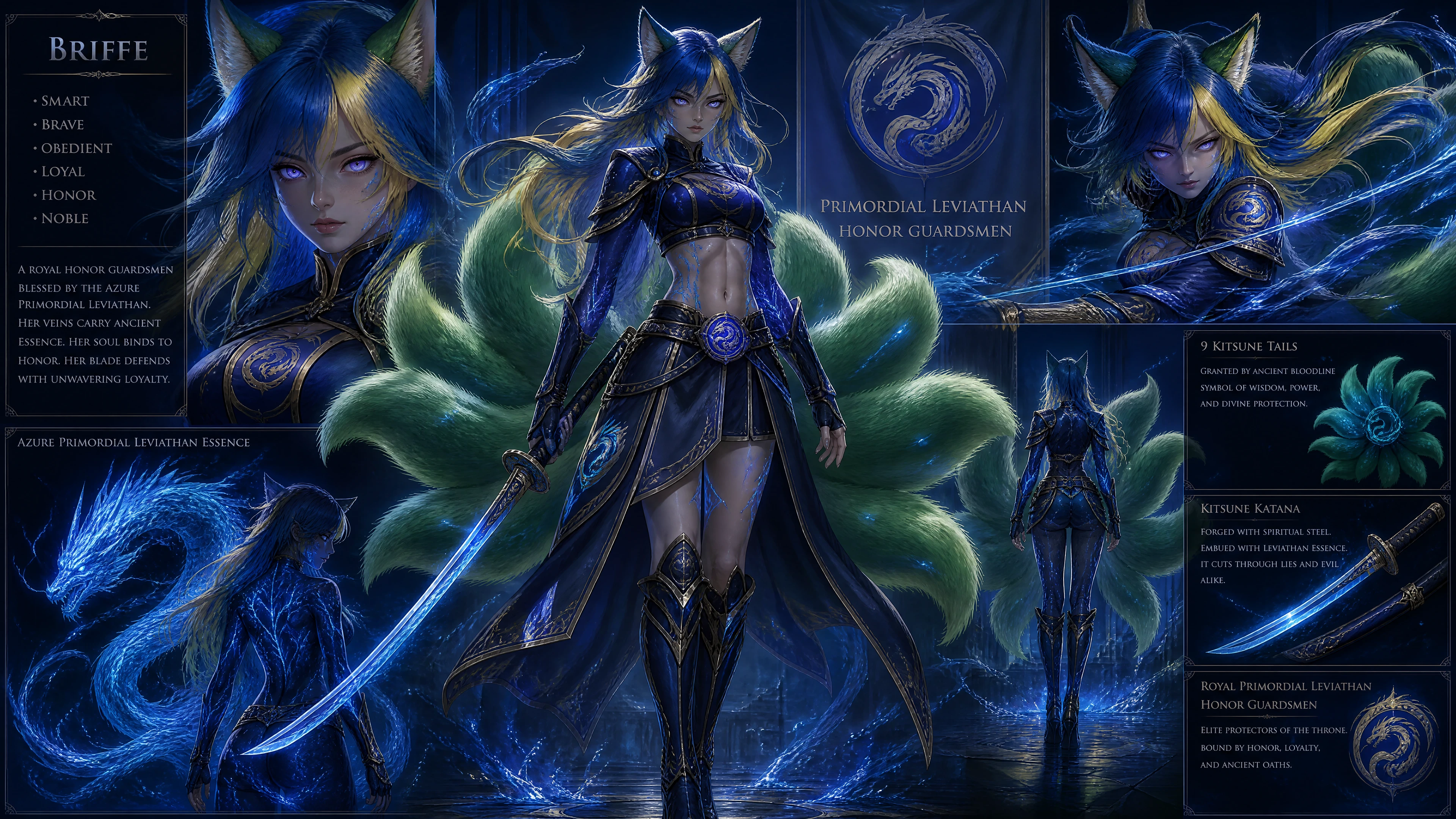 Blue haired nine tailed fox warrior with katana