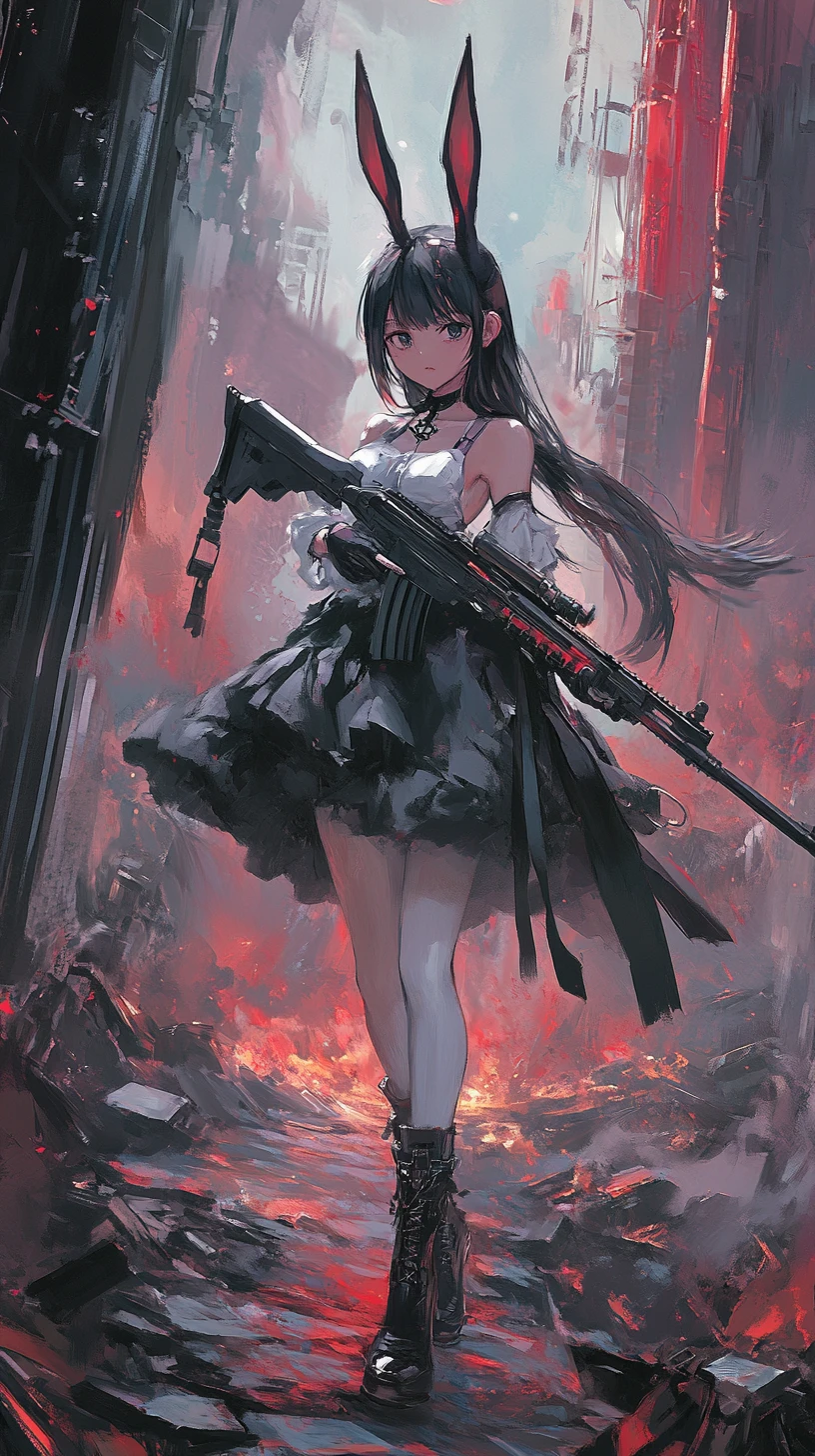 Anime girl aiming a rifle in a burning war zone
