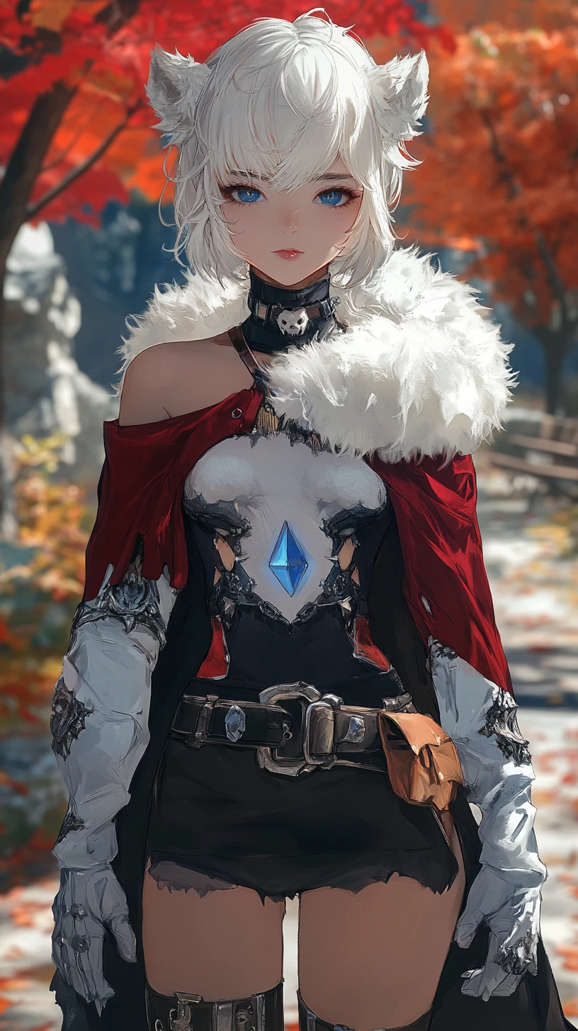 Guerrera anime con capa de piel frente a entrada de cueva encadenada