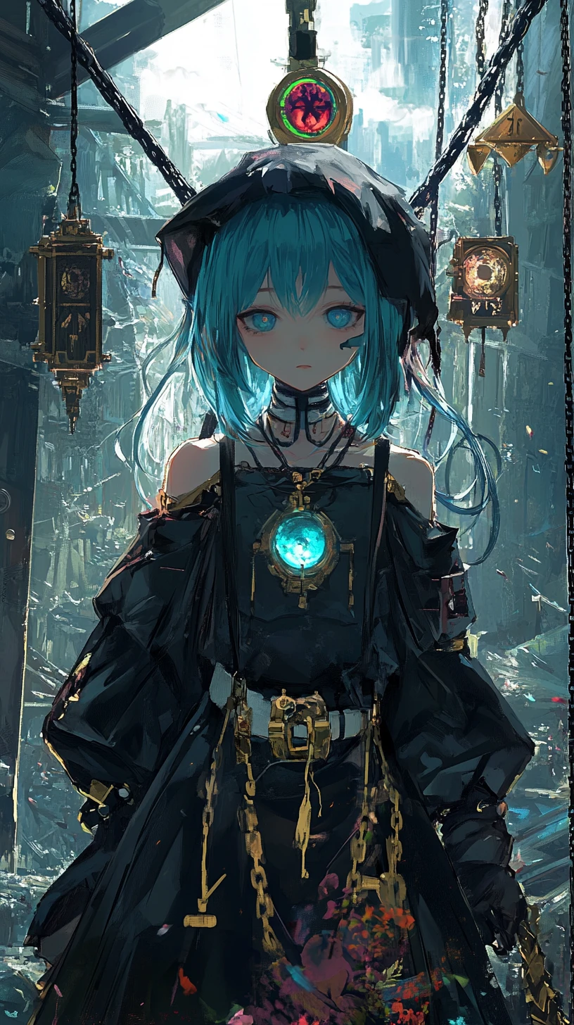 Floating Demon Eye Pyramid Above Chains In Dark Ruins
