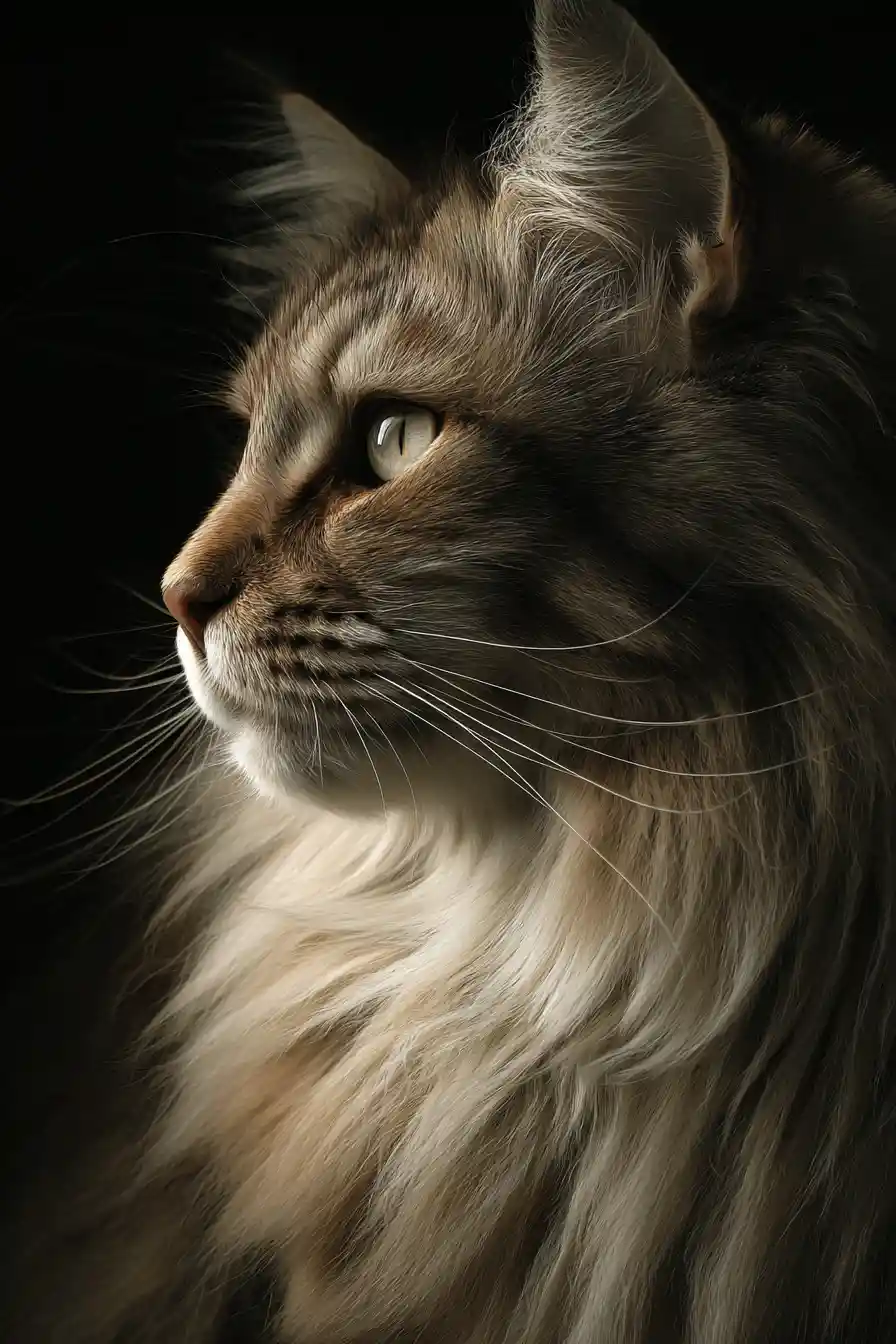 Gato esponjoso de pelo largo en primerísimo plano sobre fondo oscuro