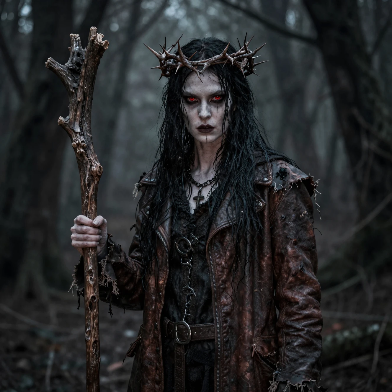 Druida oscura en un bosque maldito con bastón